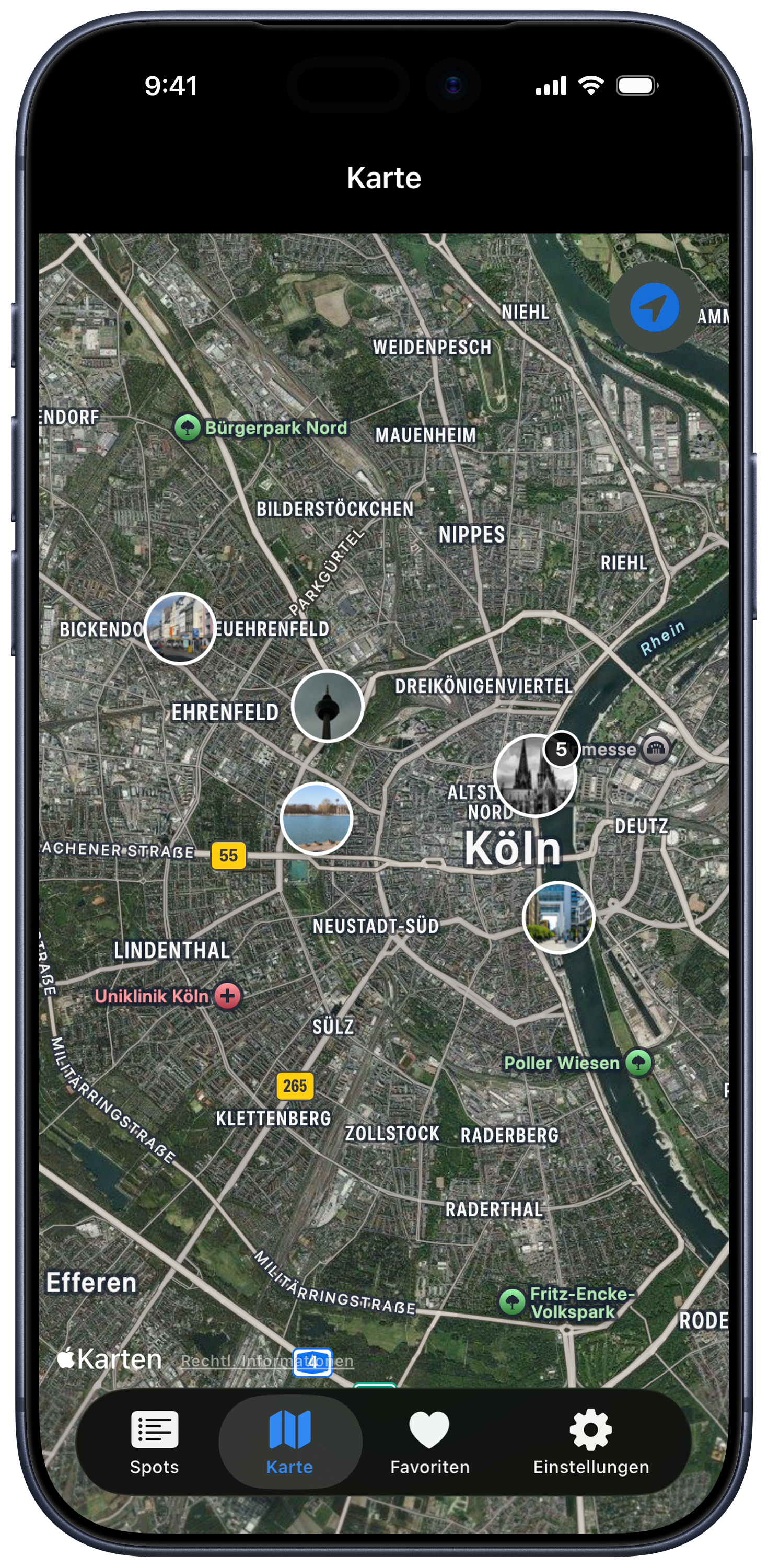 Kartenansicht mit markierten Spots