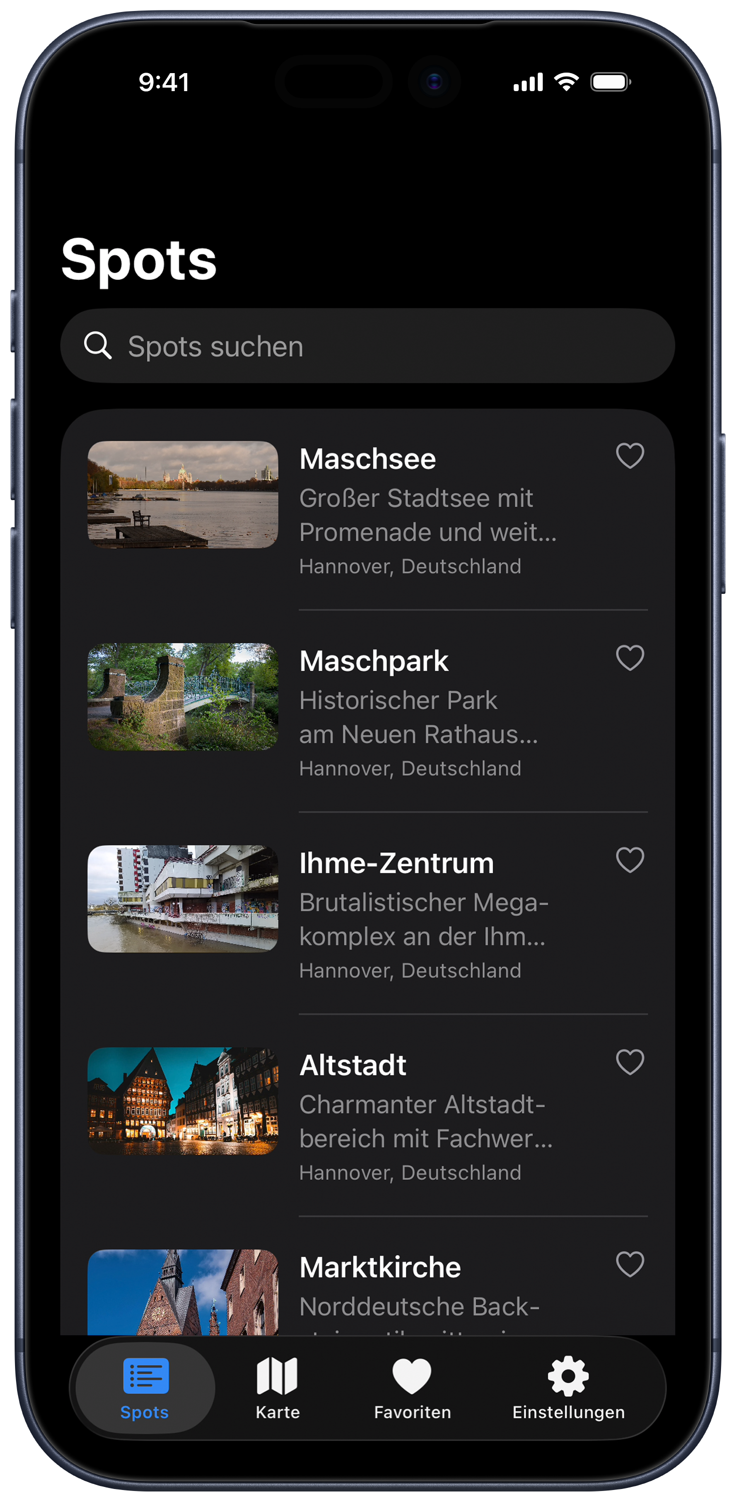 Spots-Liste in der App